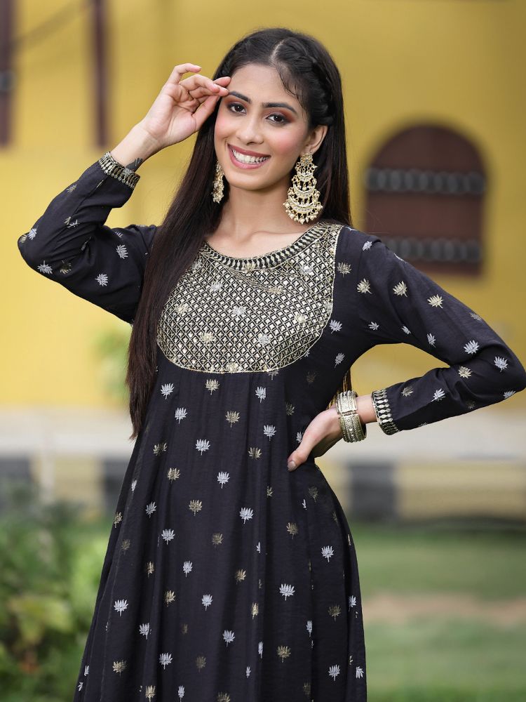 Juniper Women Black Rayon Festive Foil Printed Anarkali Flared Anarkali Kurta | Swadesiicart