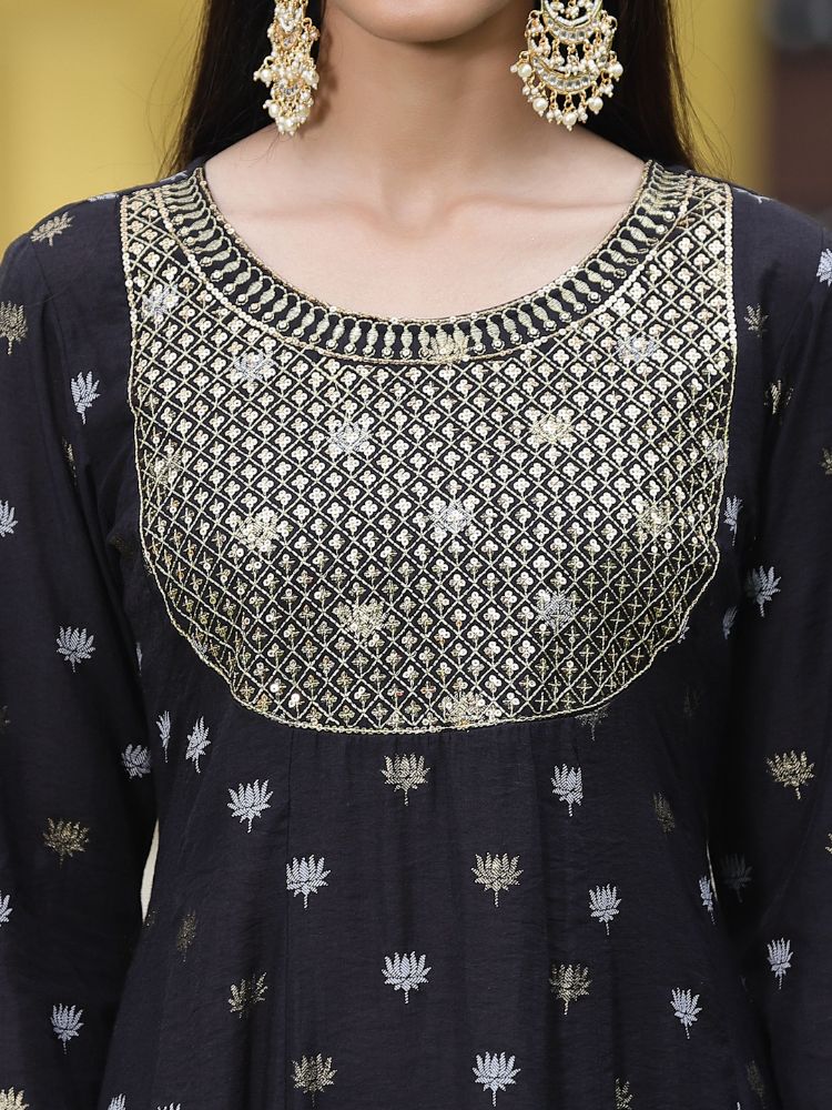 Juniper Women Black Rayon Festive Foil Printed Anarkali Flared Anarkali Kurta | Swadesiicart