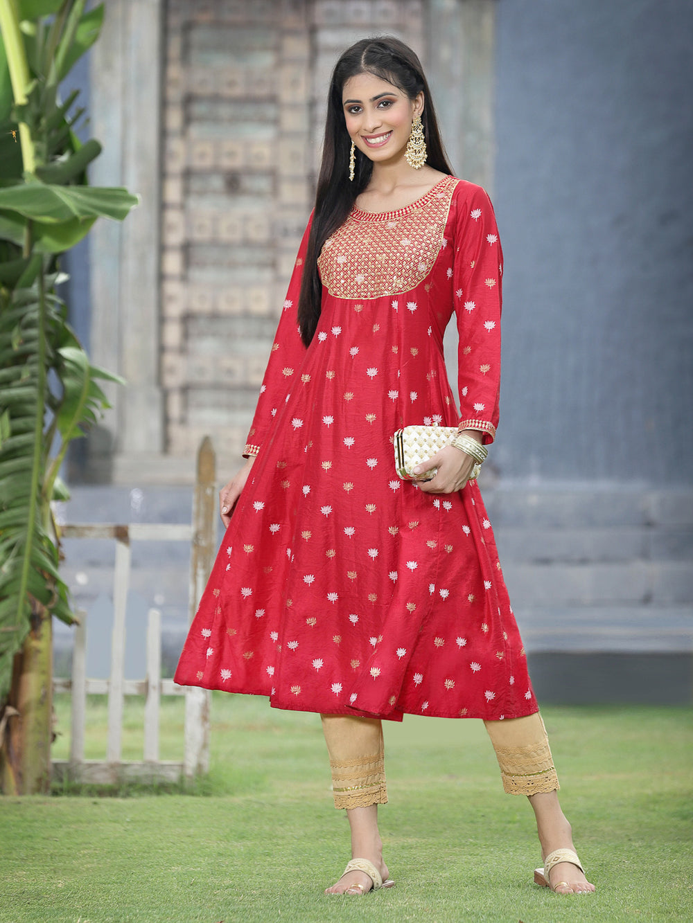 Juniper Women Red Rayon Festive Foil Printed Anarkali Flared Anarkali Kurta | Swadesiicart