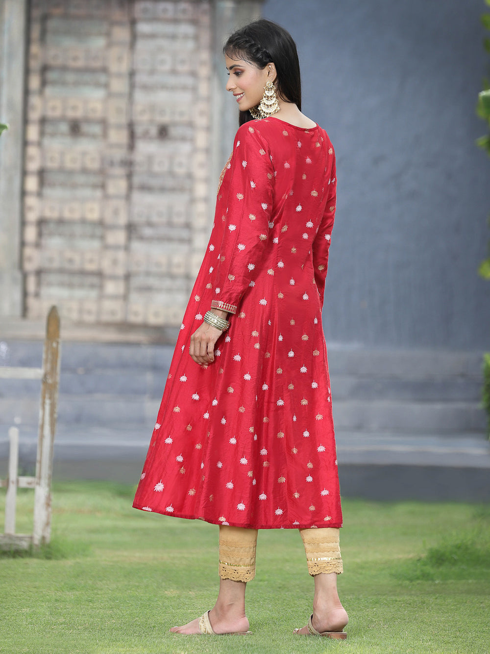 Juniper Women Red Rayon Festive Foil Printed Anarkali Flared Anarkali Kurta | Swadesiicart