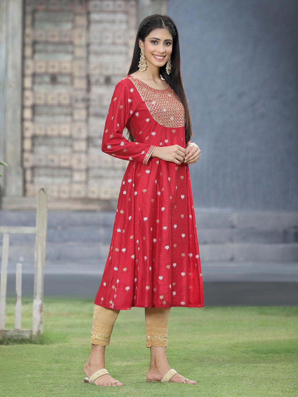 Juniper Women Red Rayon Festive Foil Printed Anarkali Flared Anarkali Kurta | Swadesiicart