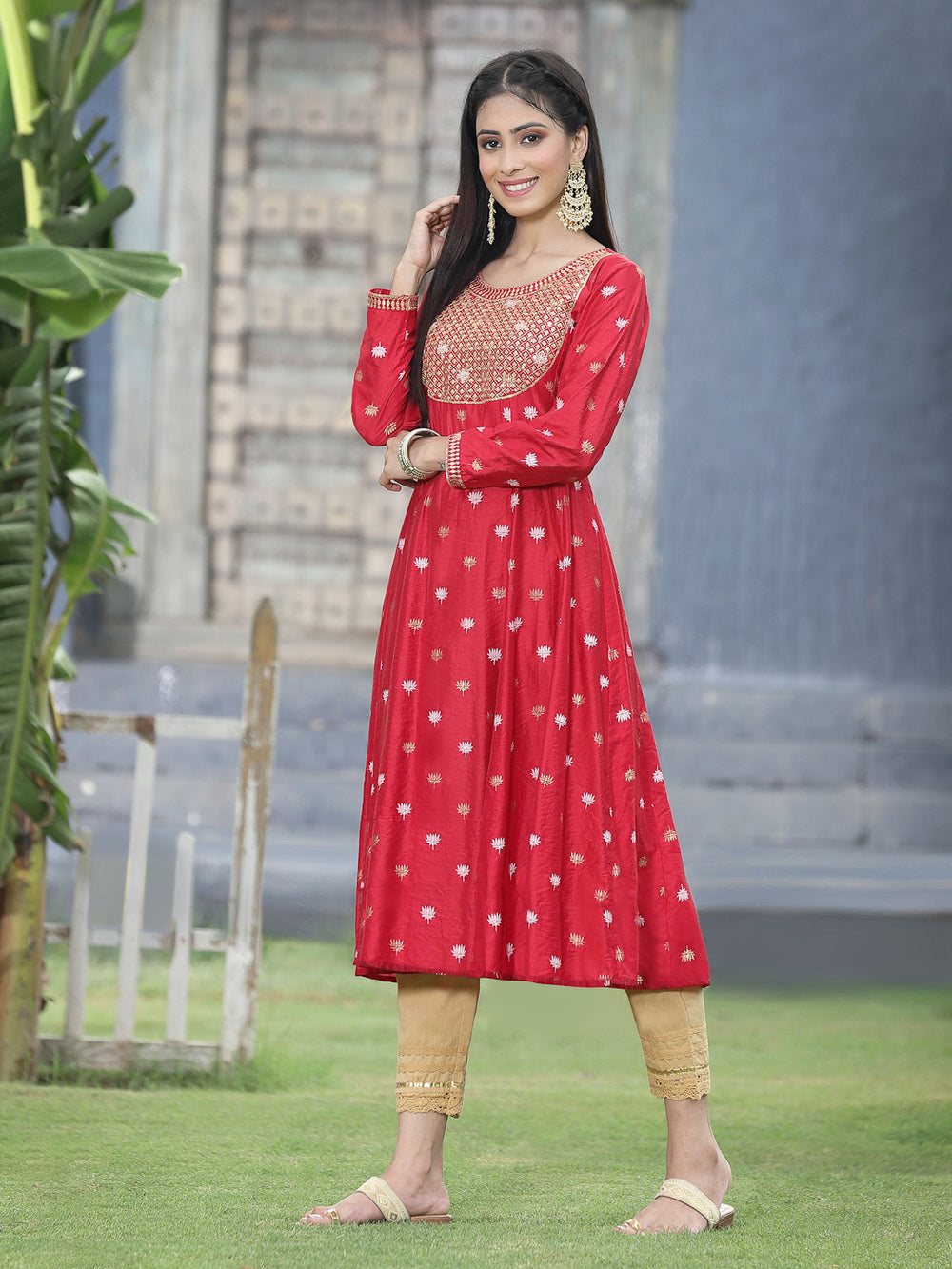 Juniper Women Red Rayon Festive Foil Printed Anarkali Flared Anarkali Kurta | Swadesiicart