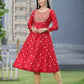 Juniper Women Red Rayon Festive Foil Printed Anarkali Flared Anarkali Kurta | Swadesiicart