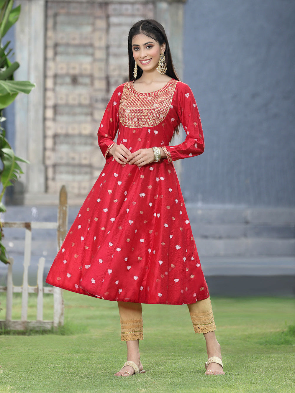Juniper Women Red Rayon Festive Foil Printed Anarkali Flared Anarkali Kurta | Swadesiicart