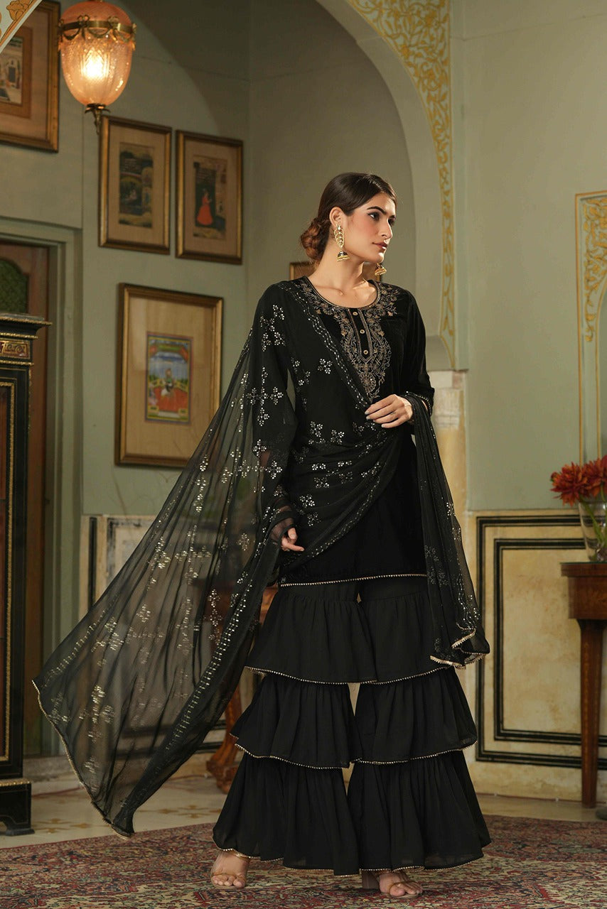 Juniper Black Velvet Festive Solid Straight Skd For Women | Swadesiicart