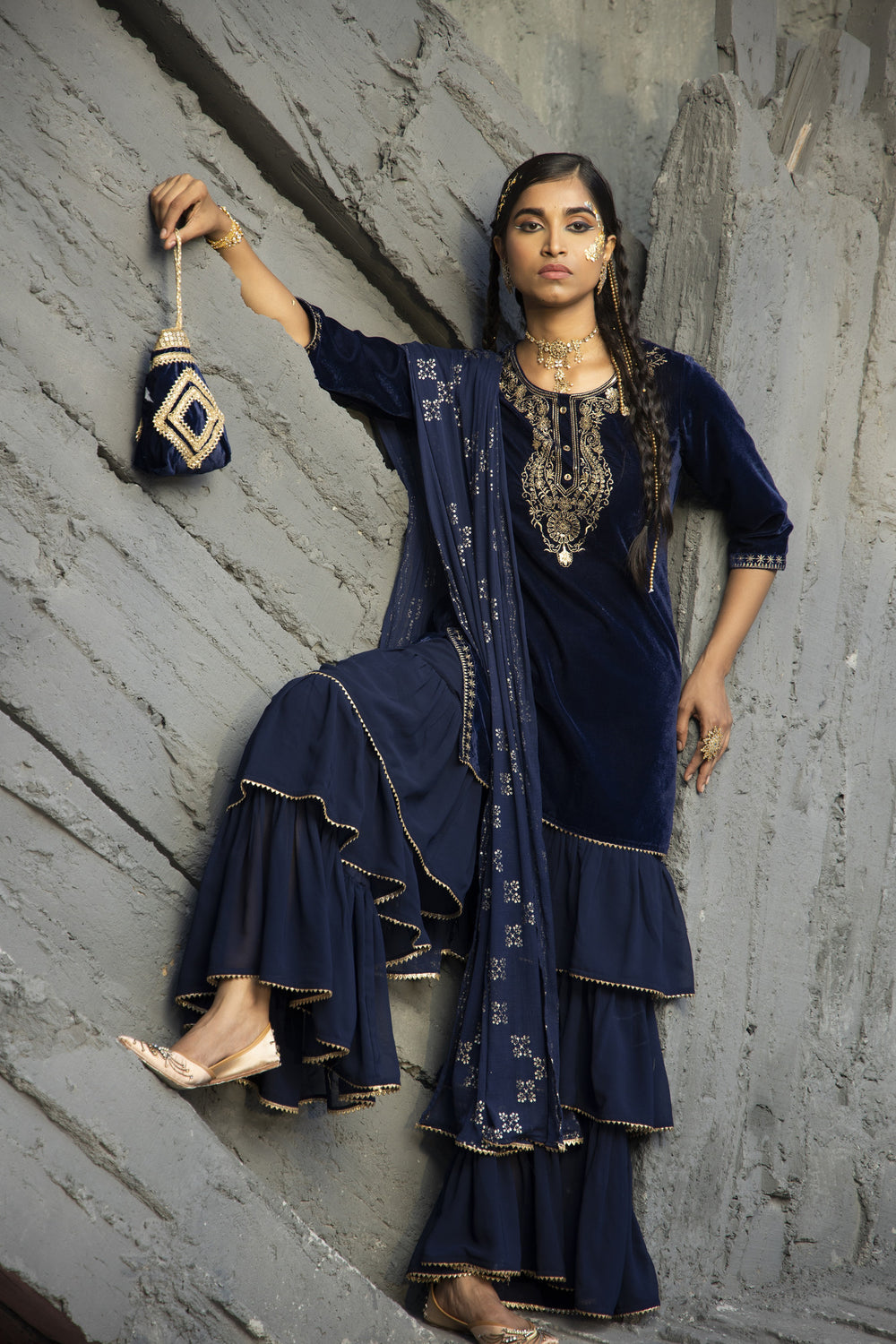 Juniper Blue Velvet Festive Solid Straight kurta Sharara Set For Women | Swadesiicart