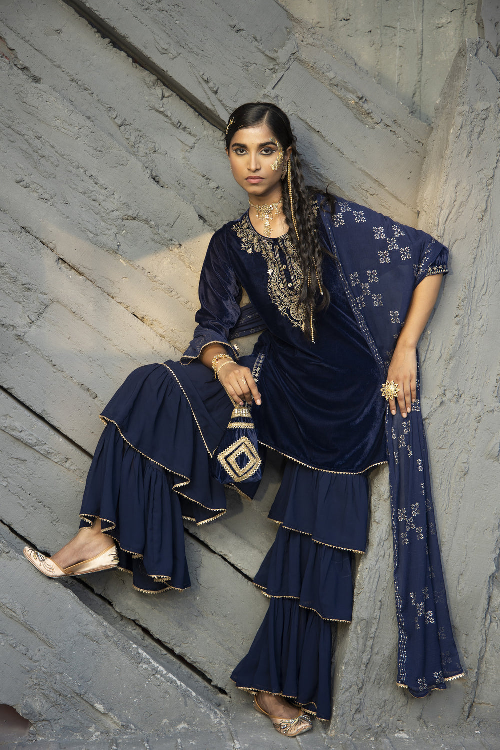Juniper Blue Velvet Festive Solid Straight kurta Sharara Set For Women | Swadesiicart