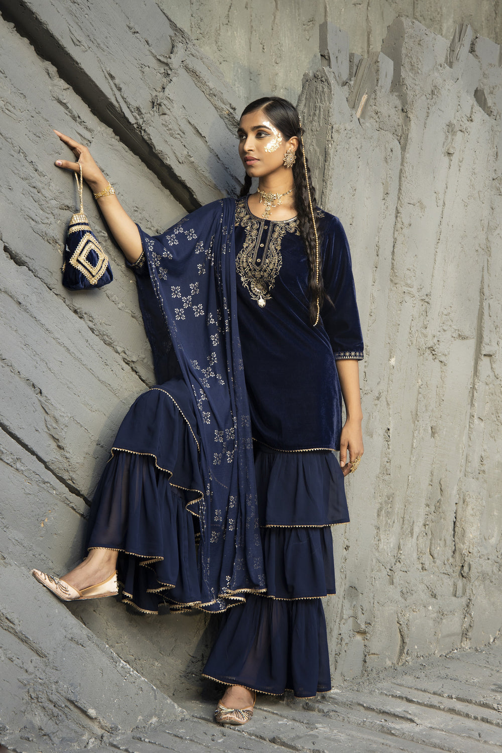 Juniper Blue Velvet Festive Solid Straight kurta Sharara Set For Women | Swadesiicart