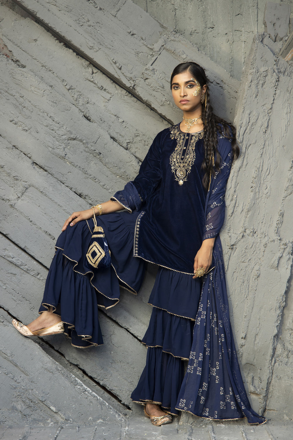 Juniper Blue Velvet Festive Solid Straight kurta Sharara Set For Women | Swadesiicart