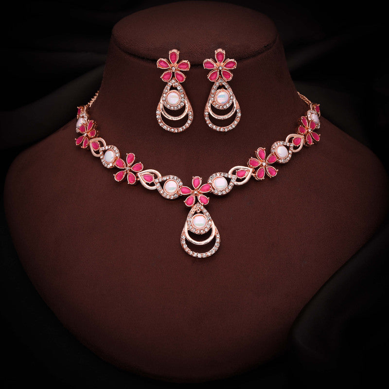 Tehzeeb Creations Rose Gold-Polished Pink Colour Necklace With Stud - Swadesiicart
