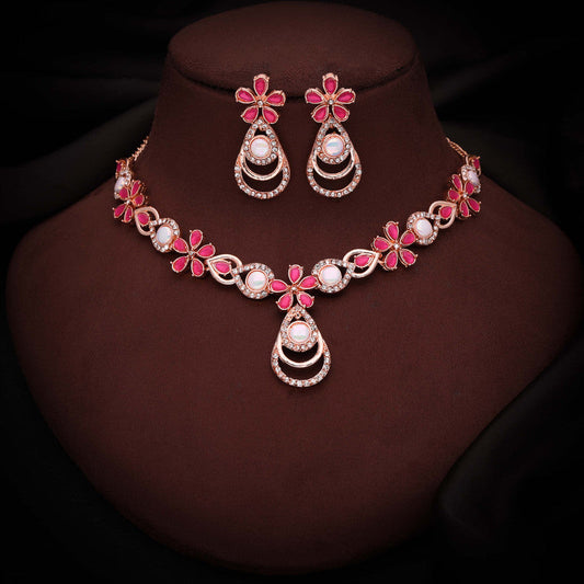 Tehzeeb Creations Rose Gold-Polished Pink Colour Necklace With Stud - Swadesiicart