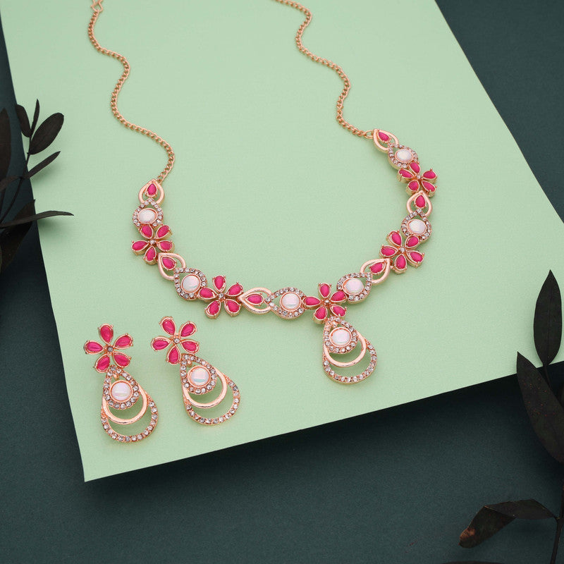 Tehzeeb Creations Rose Gold-Polished Pink Colour Necklace With Stud - Swadesiicart