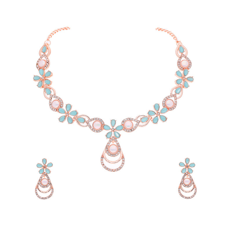 Tehzeeb Creations Rose Gold-Polished Sky Blue Colour Necklace With Stud - Swadesiicart