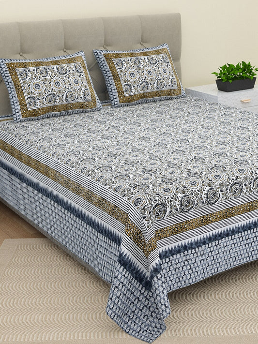 BELLA CASA Ethic White & Blue Printed Cotton 180 TC King Bedsheet with 2 Pillow Covers - Swadesiicart