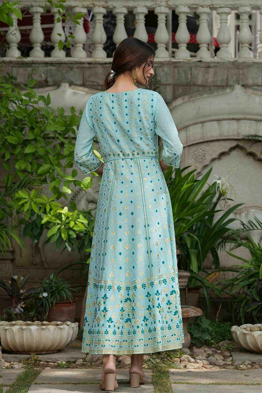 Juniper Sky Blue Georgette Festive Printed Flared Maxi For Women | Swadesiicart