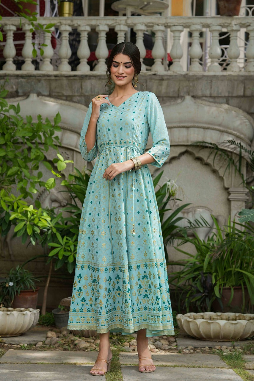 Juniper Sky Blue Georgette Festive Printed Flared Maxi For Women | Swadesiicart