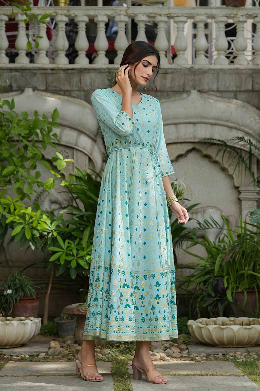 Juniper Sky Blue Georgette Festive Printed Flared Maxi For Women | Swadesiicart