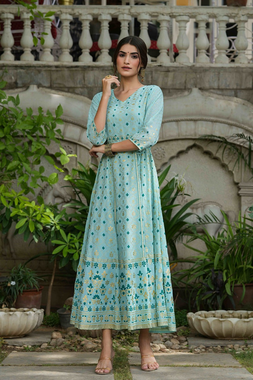 Juniper Sky Blue Georgette Festive Printed Flared Maxi For Women | Swadesiicart