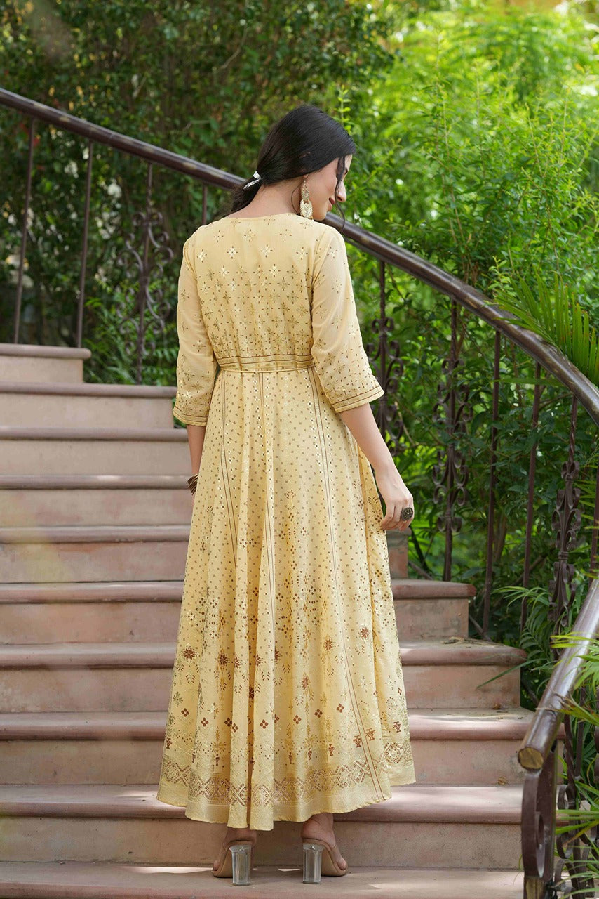 Juniper Light Yellow Georgette Festive Printed Flared Maxi For Women | Swadesiicart