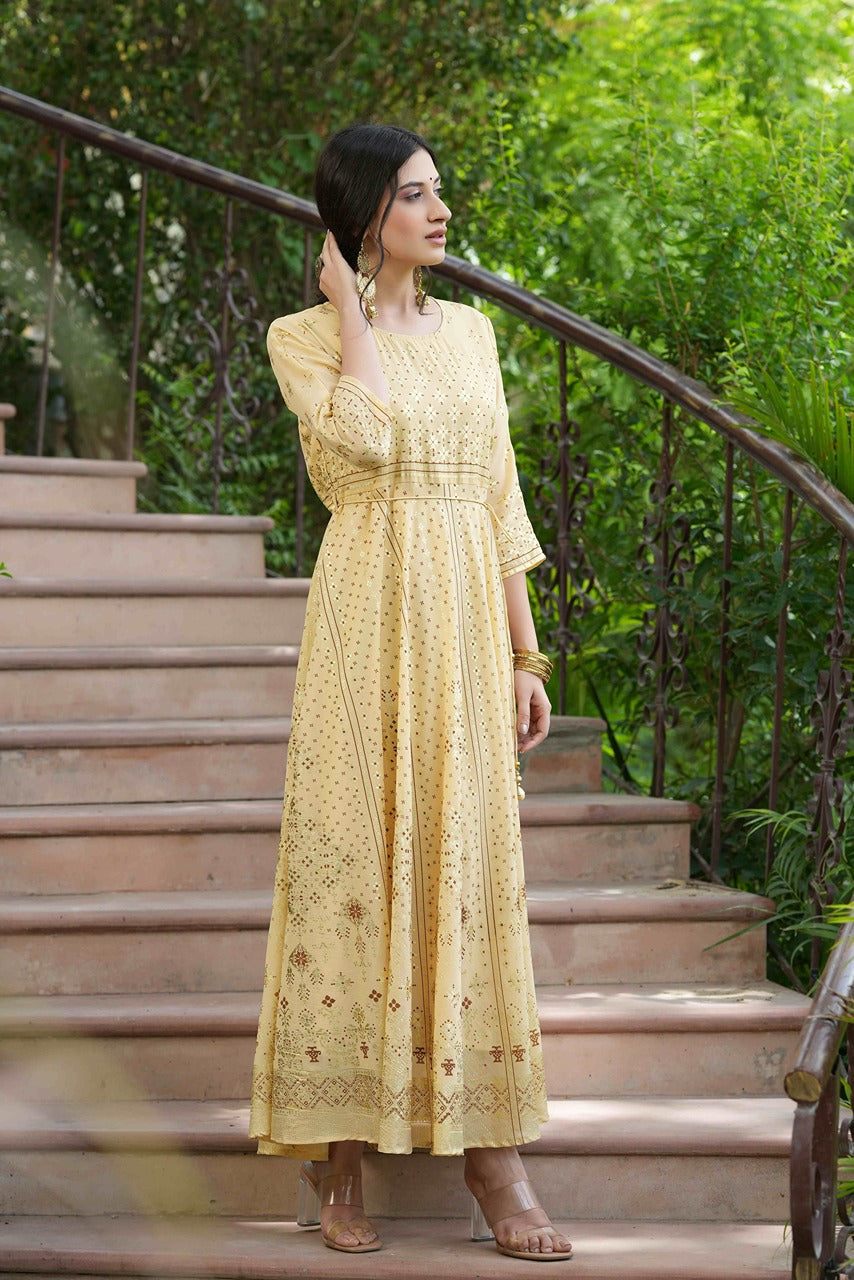 Juniper Light Yellow Georgette Festive Printed Flared Maxi For Women | Swadesiicart