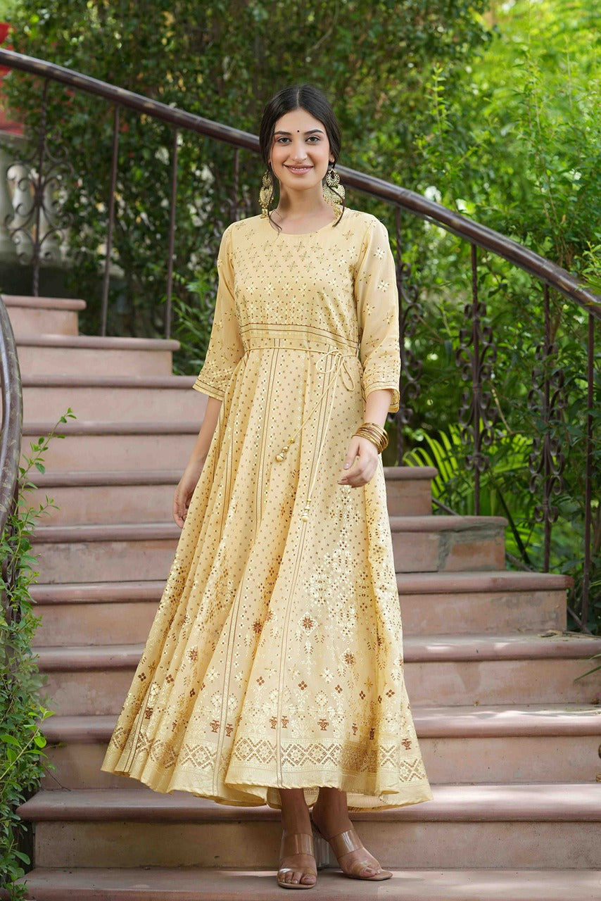 Juniper Light Yellow Georgette Festive Printed Flared Maxi For Women | Swadesiicart