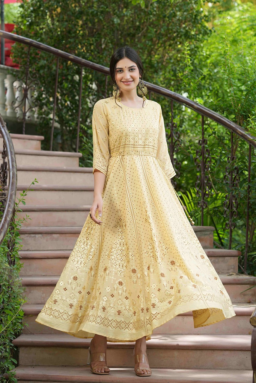 Juniper Light Yellow Georgette Festive Printed Flared Maxi For Women | Swadesiicart