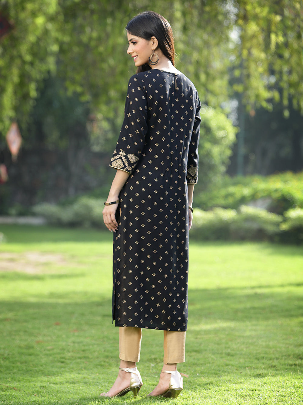 Juniper Black Rayon Festive Wear Embroidered Flared Kurta | Swadesiicart