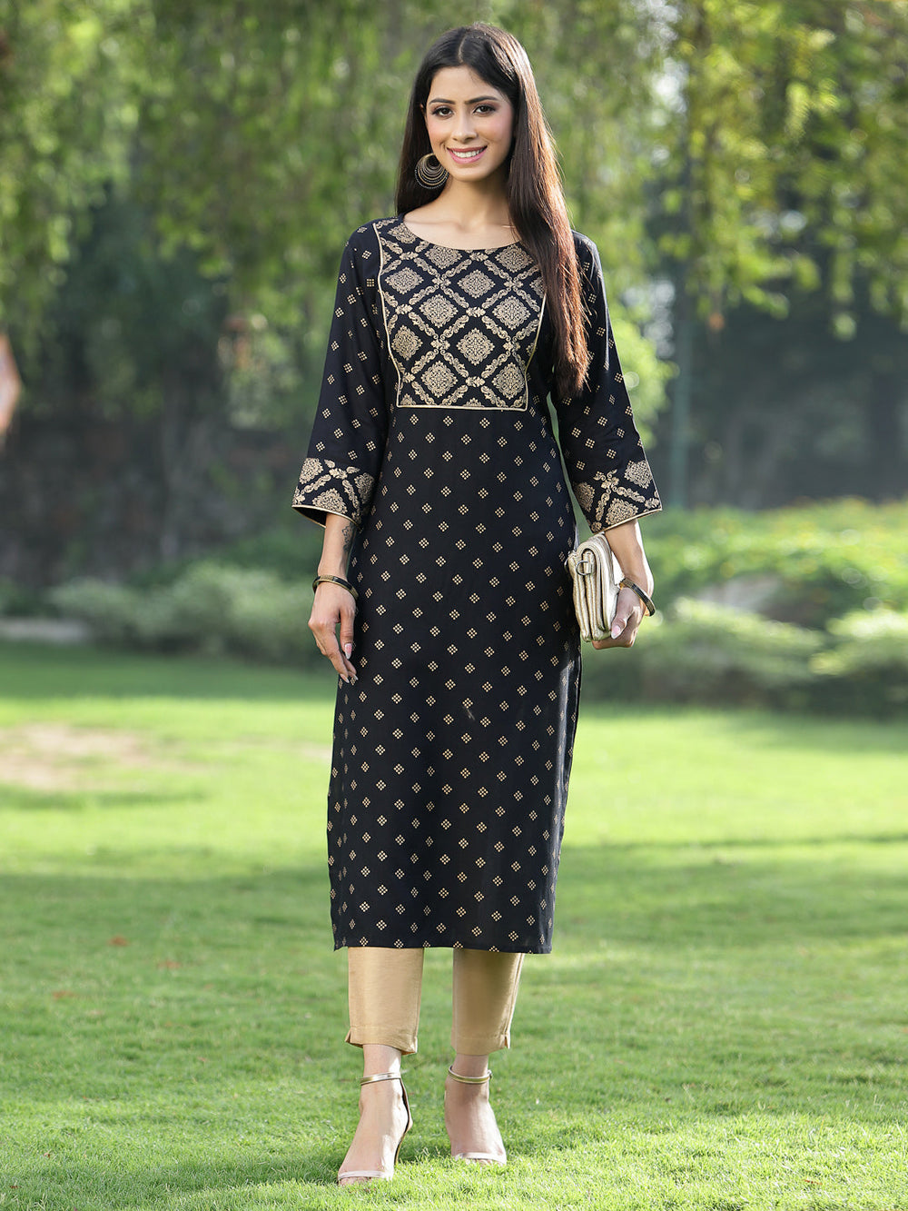 Juniper Black Rayon Festive Wear Embroidered Flared Kurta | Swadesiicart