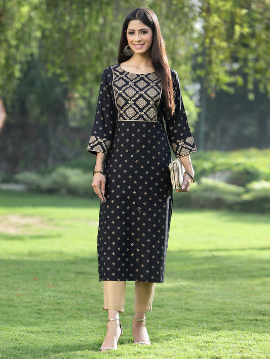 Juniper Black Rayon Festive Wear Embroidered Flared Kurta | Swadesiicart