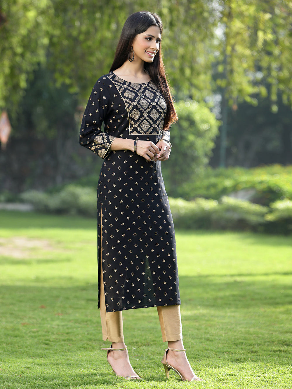 Juniper Black Rayon Festive Wear Embroidered Flared Kurta | Swadesiicart