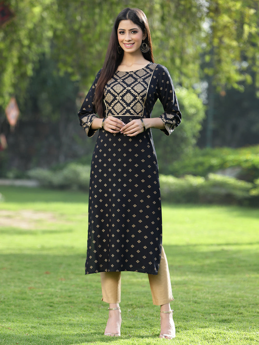 Juniper Black Rayon Festive Wear Embroidered Flared Kurta | Swadesiicart