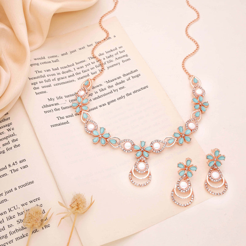 Tehzeeb Creations Rose Gold-Polished Sky Blue Colour Necklace With Stud - Swadesiicart