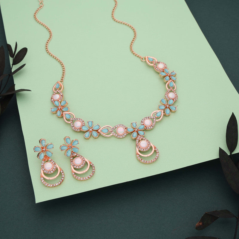 Tehzeeb Creations Rose Gold-Polished Sky Blue Colour Necklace With Stud - Swadesiicart