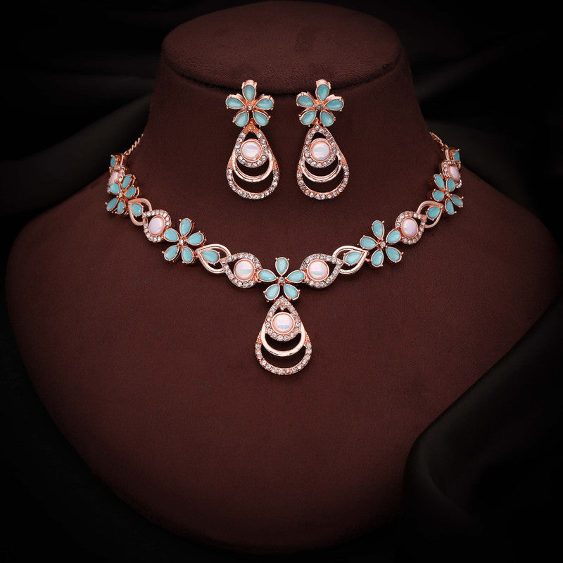 Tehzeeb Creations Rose Gold-Polished Sky Blue Colour Necklace With Stud - Swadesiicart