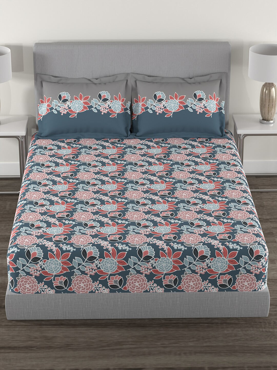 MYTRIDENT Blue Green Floral Cotton 144 TC Queen Bedsheet With 2 Pillow Covers - Swadesiicart