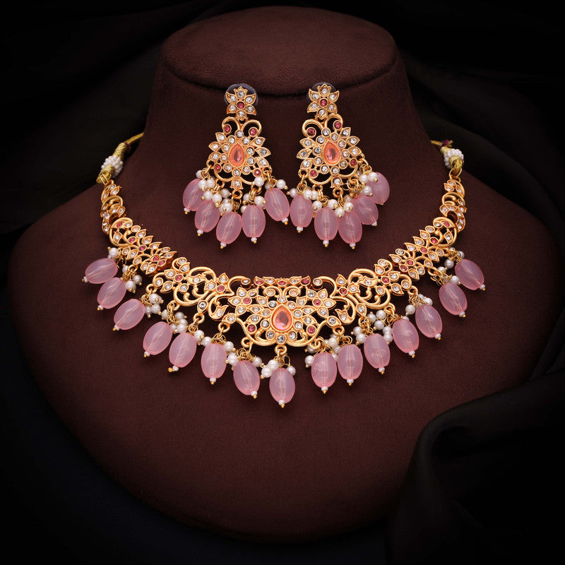 Tehzeeb Creations Gold-Polished Baby Pink Colour Necklace With Stud - Swadesiicart