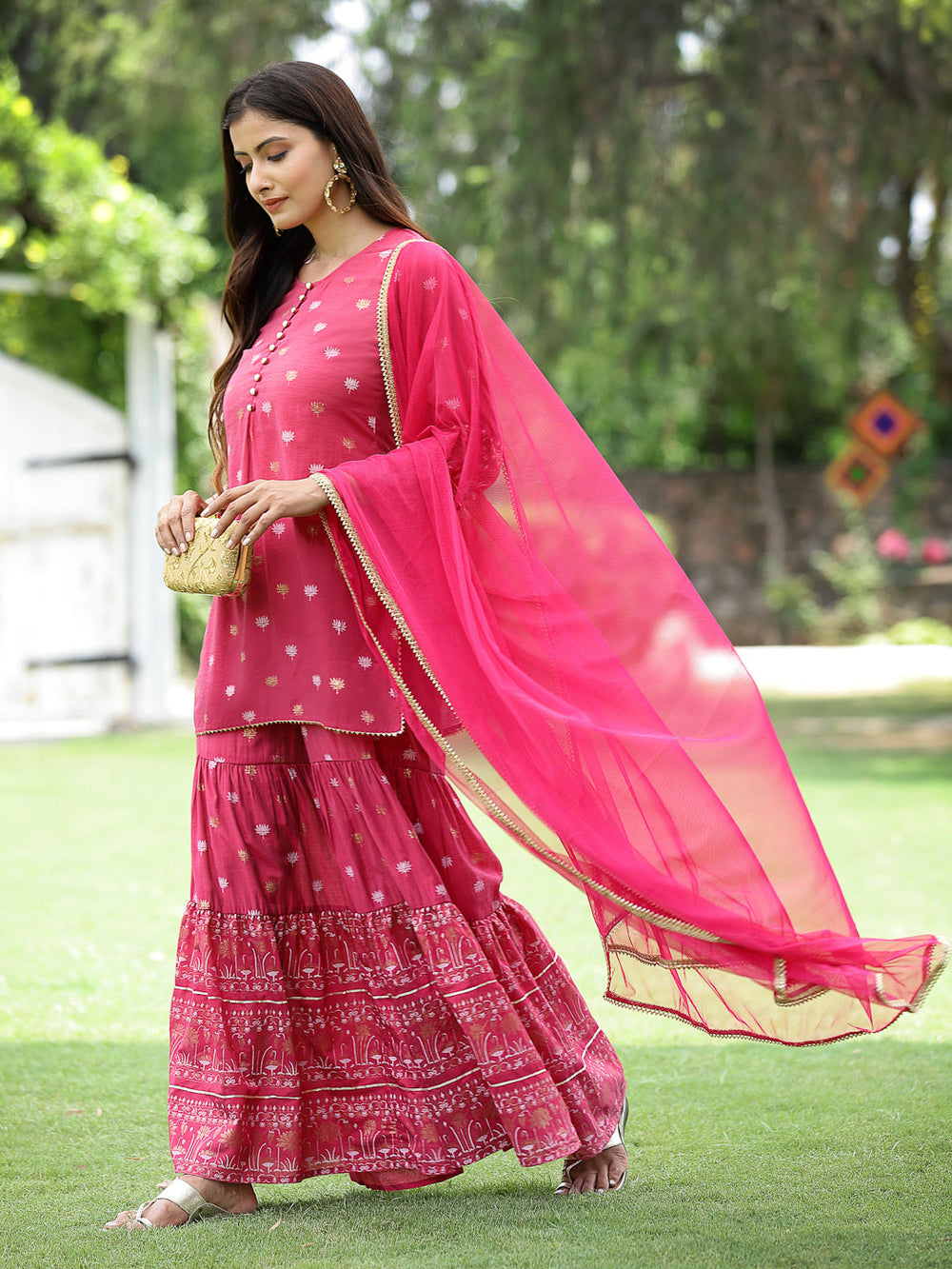 Juniper Fuchsia Mono Viscose Festive Embroidered Printed Straight Kurta Sharara Dupatta Set | Swadesiicart