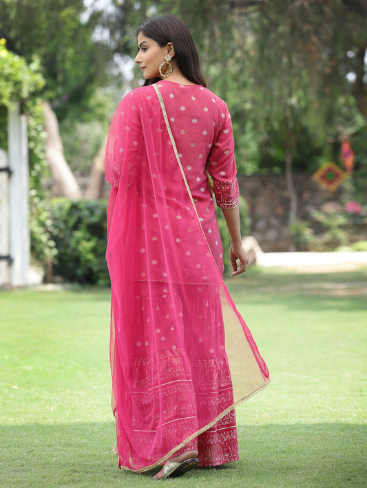 Juniper Fuchsia Mono Viscose Festive Embroidered Printed Straight Kurta Sharara Dupatta Set | Swadesiicart