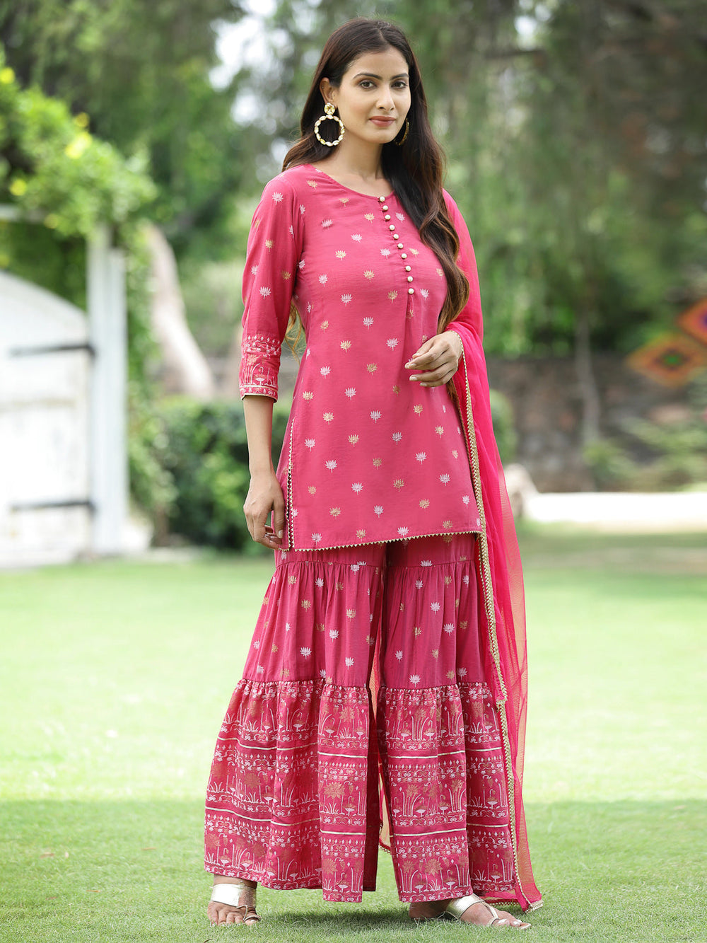 Juniper Fuchsia Mono Viscose Festive Embroidered Printed Straight Kurta Sharara Dupatta Set | Swadesiicart