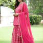 Juniper Fuchsia Mono Viscose Festive Embroidered Printed Straight Kurta Sharara Dupatta Set | Swadesiicart