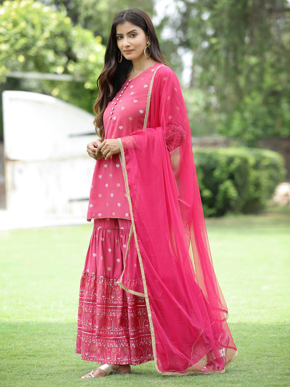Juniper Fuchsia Mono Viscose Festive Embroidered Printed Straight Kurta Sharara Dupatta Set | Swadesiicart