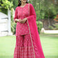 Juniper Fuchsia Mono Viscose Festive Embroidered Printed Straight Kurta Sharara Dupatta Set | Swadesiicart