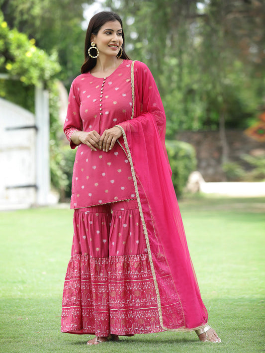 Juniper Fuchsia Mono Viscose Festive Embroidered Printed Straight Kurta Sharara Dupatta Set | Swadesiicart
