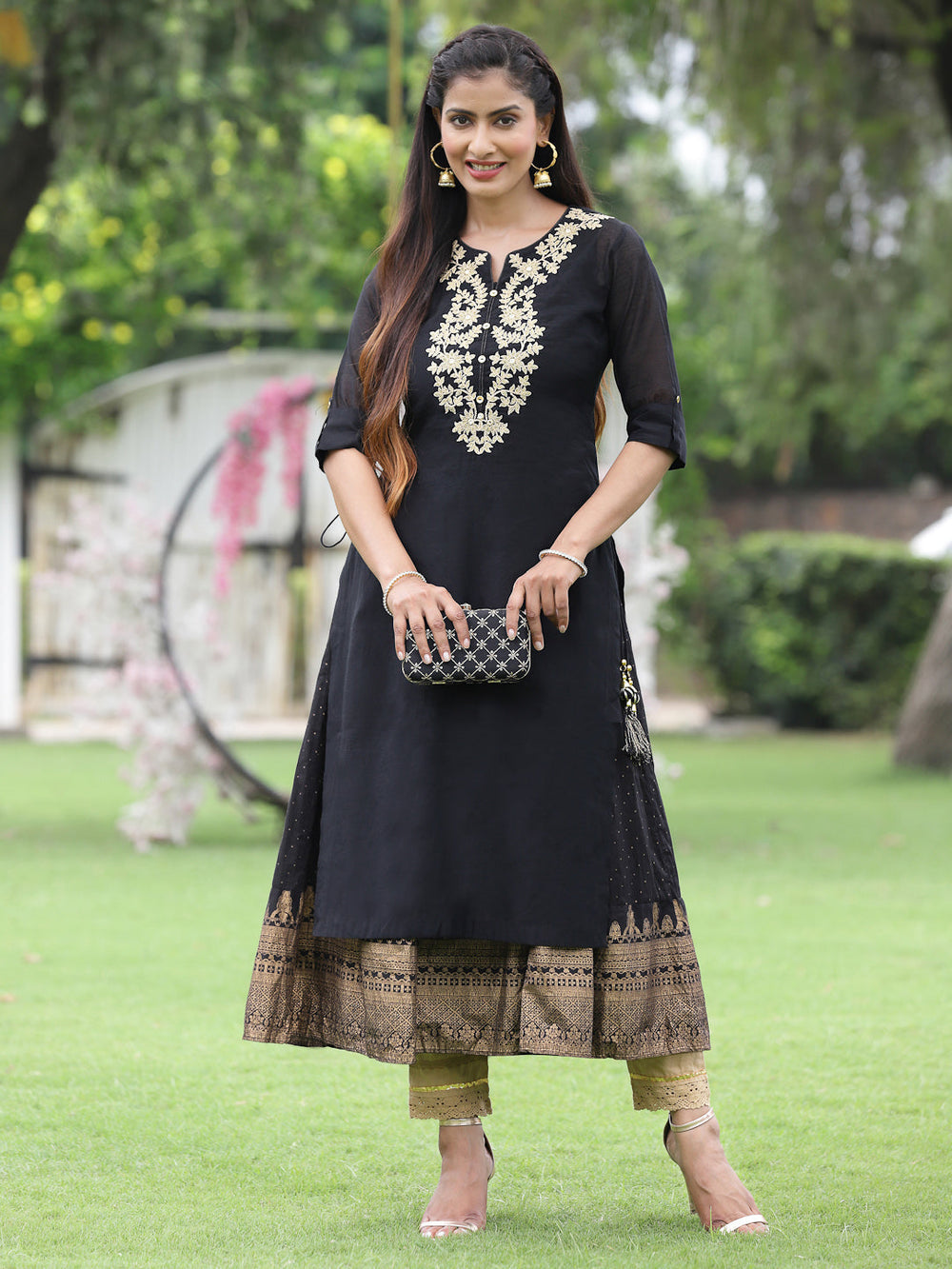Juniper Women Black Chanderi Festive Embroidered + Printed Straight/Flared Kurta | Swadesiicart