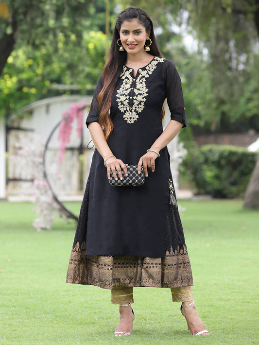 Juniper Women Black Chanderi Festive Embroidered + Printed Straight/Flared Kurta | Swadesiicart