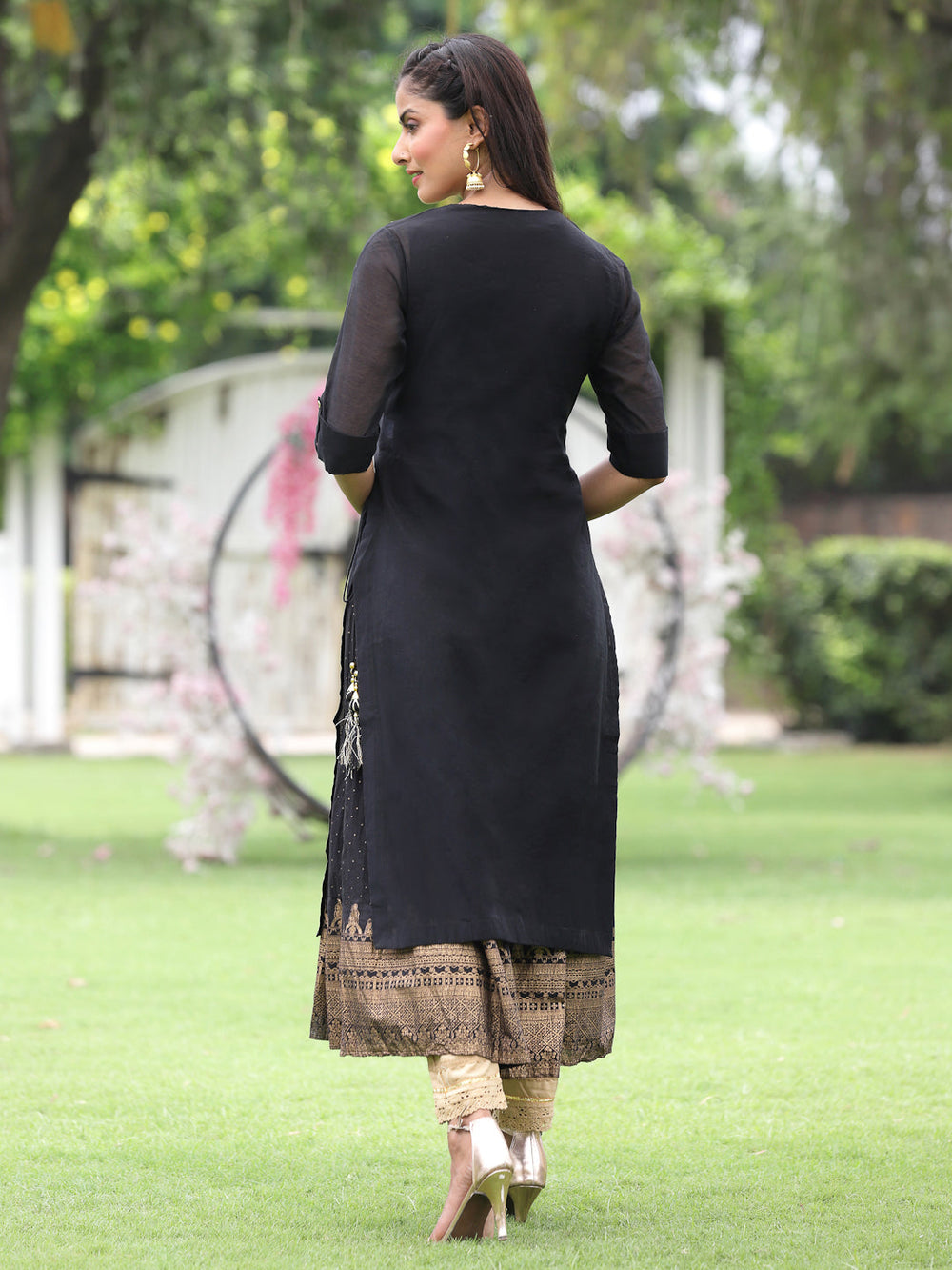 Juniper Women Black Chanderi Festive Embroidered + Printed Straight/Flared Kurta | Swadesiicart