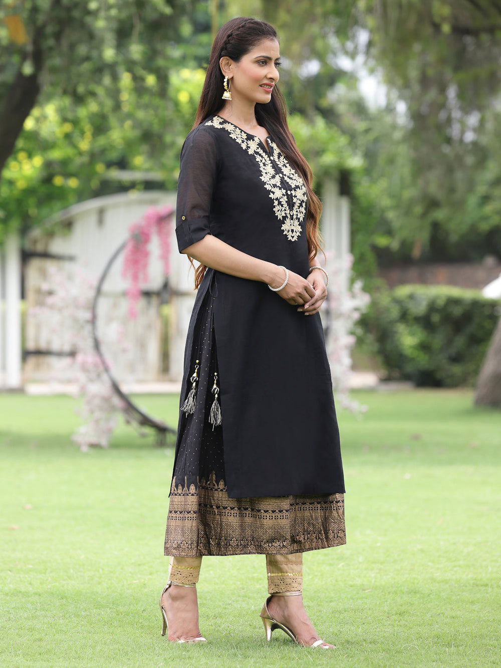 Juniper Women Black Chanderi Festive Embroidered + Printed Straight/Flared Kurta | Swadesiicart