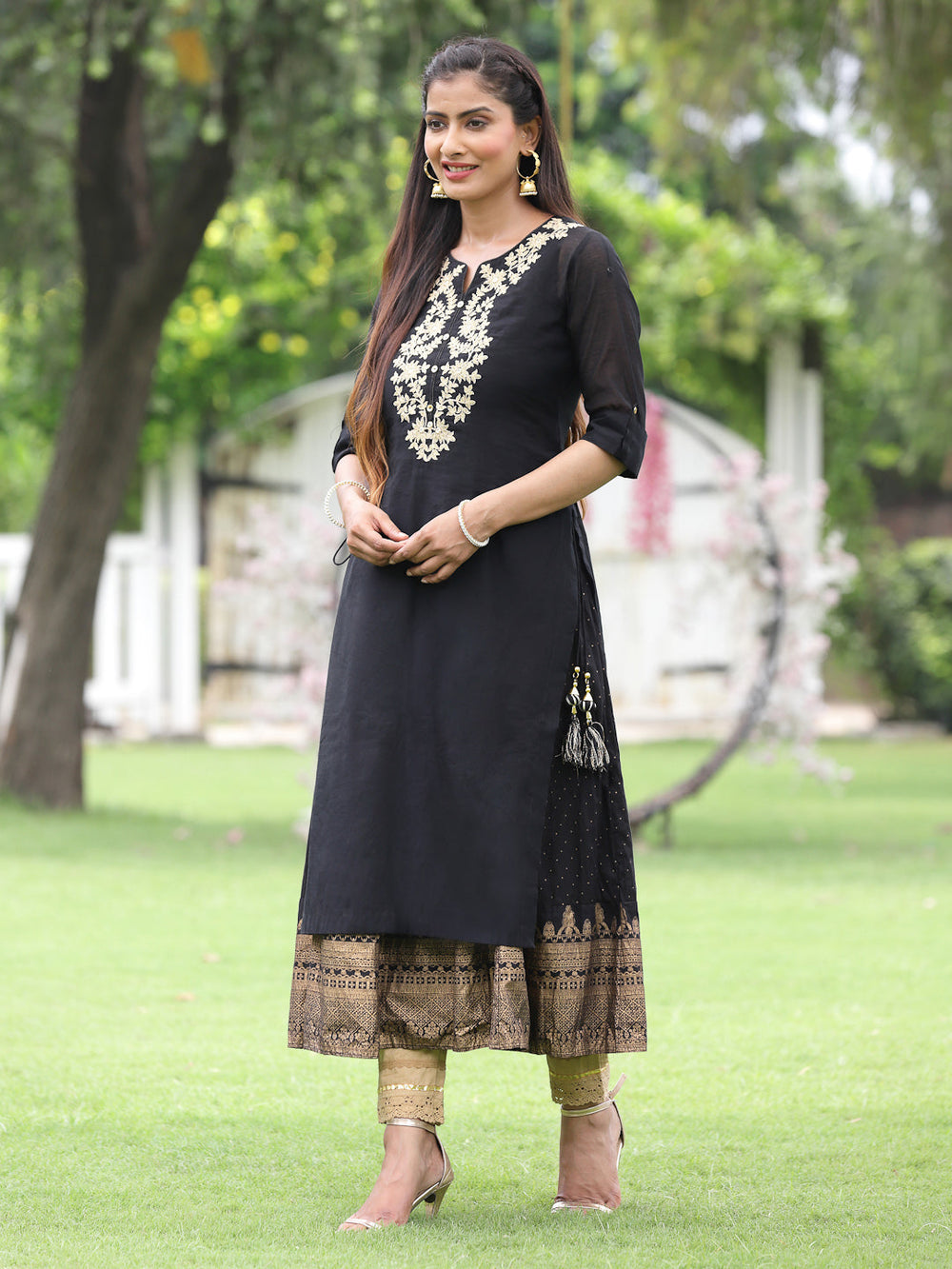 Juniper Women Black Chanderi Festive Embroidered + Printed Straight/Flared Kurta | Swadesiicart