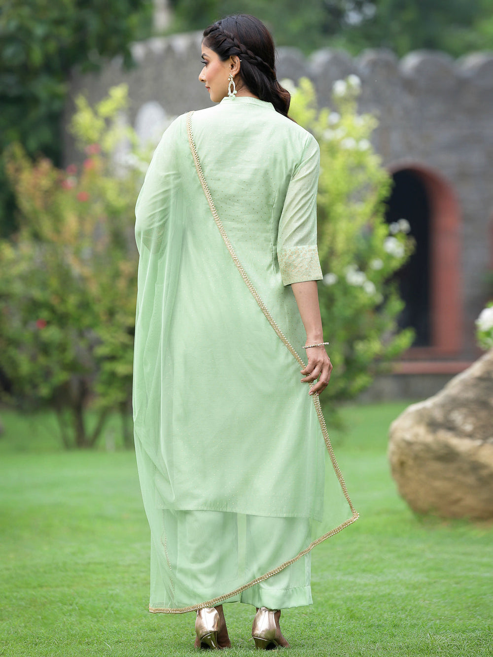 Juniper Mint Green Chanderi Festive Embroidered Polka Dot Printed A-line Kurta Set | Swadesiicart