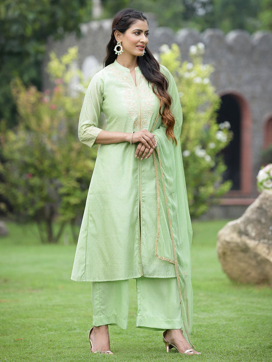 Juniper Mint Green Chanderi Festive Embroidered Polka Dot Printed A-line Kurta Set | Swadesiicart